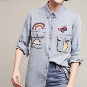 ISO Anthro Holding Horses Patched-up Denim Shirt in Size XL